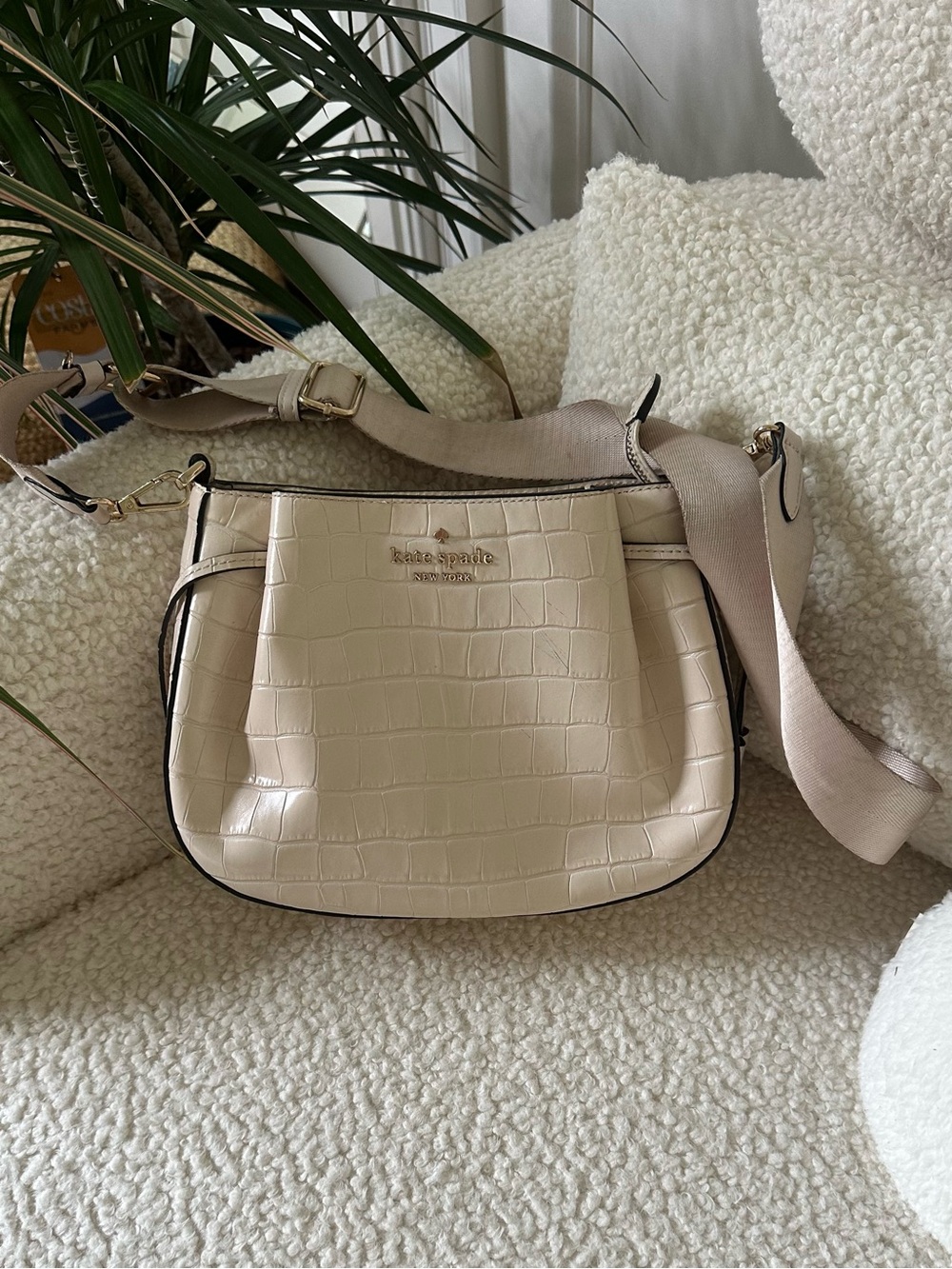 Kate Spade New York Dumpling Crossbody Bag in a Bare Croc-Embossed Leather